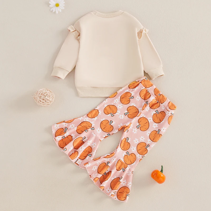 Toddler Girl Thanksgiving Outfits Letter Turkey Print Crew Neck Long Sleeve Sweatshirts Flare Pants 2Pcs Clothes Set image 3