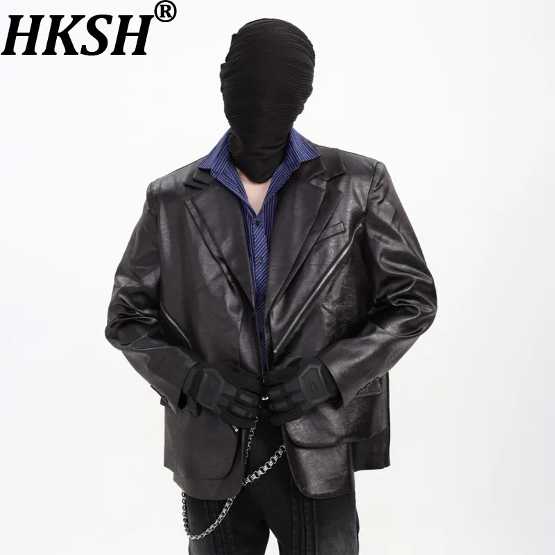 HKSH Spring Autumn New Men Dark Irregular Fake Two Pieces Leather Jacket Suit Coat Trendy Zippers High-End Chic Punk Ins HK14351