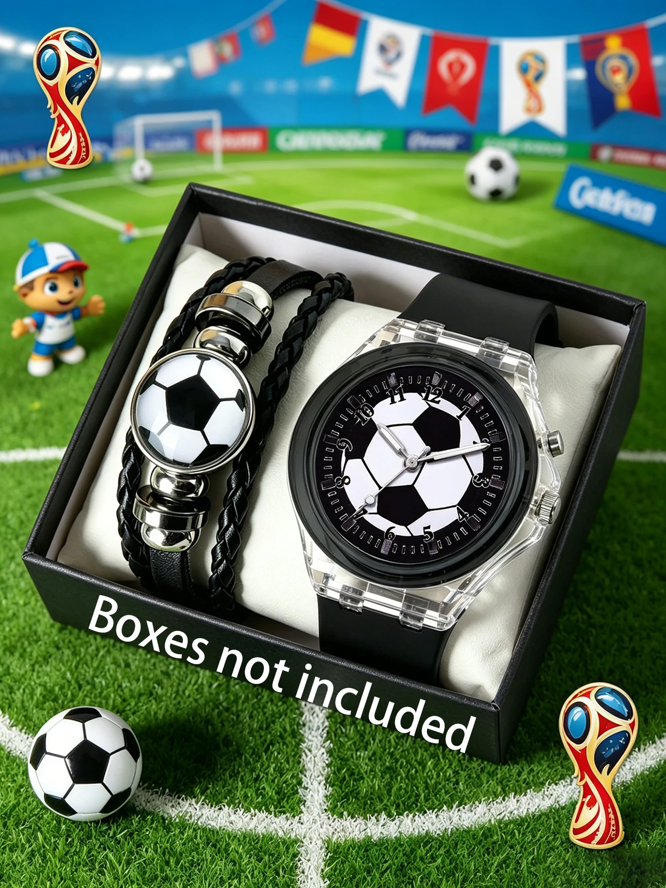 Football Themed Quartz Watch with Bracelet Set Glowing Lights Silicone Strap Versatile Daily Wear Ideal Festival Gift