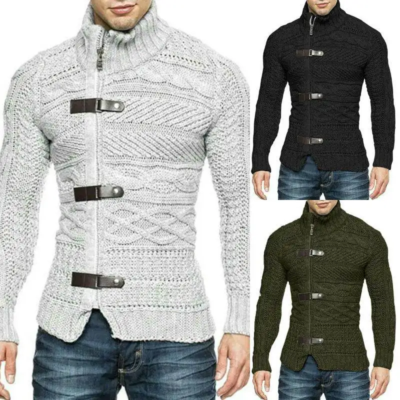 

High Collar Knitted Long Sve Men's Sweater with Leather Buttons Large Size Casual Wear Ro Bot Hem Non Deformable