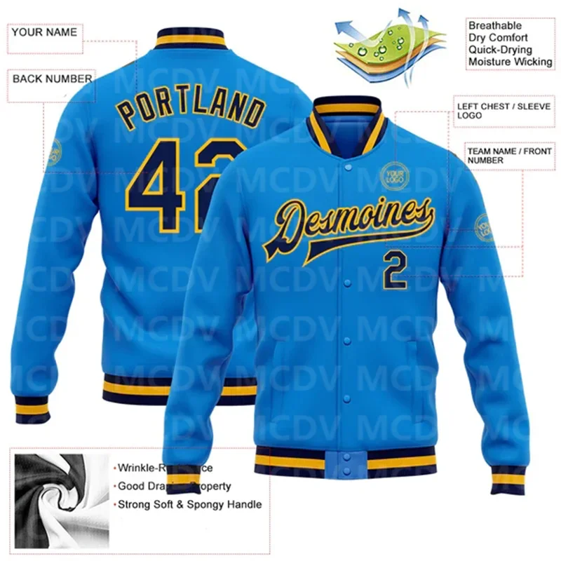 Custom Electric Blue Navy-Gold Bomber Full-Snap Varsity Letterman Jacket