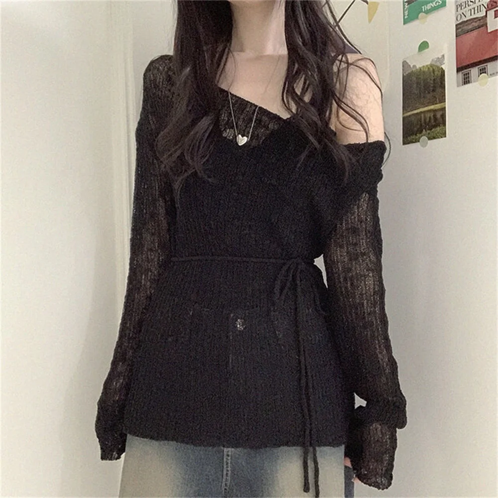 

Korean Style Knitted Long Sleeve Sweater Thin Knot Belt Design Shoulder Bared Mid-Length Pure Color Coat Knitted Sw...