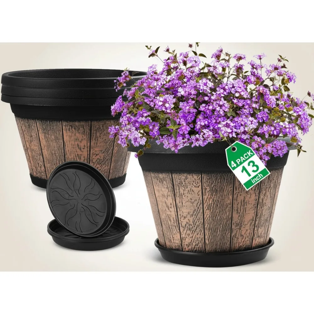 

Large Whiskey Barrel Planters Set of 4, 13 Inch Plastic Flower Pots with Drainage & Saucer for Indoor Outdoor Garden