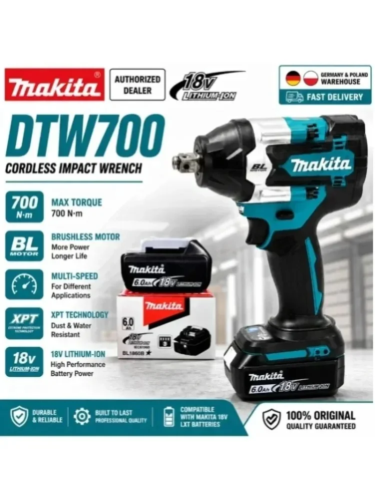 Original Makita DTW700 Elektrischer Schlagschrauber 18V Bürstenlos Kabelloses Elektrowerkzeug 700Nm Hohes Drehmoment Variable Geschwindigkeit Auto-Stopp für Autoreparatur LXT Akku EU Schnelle