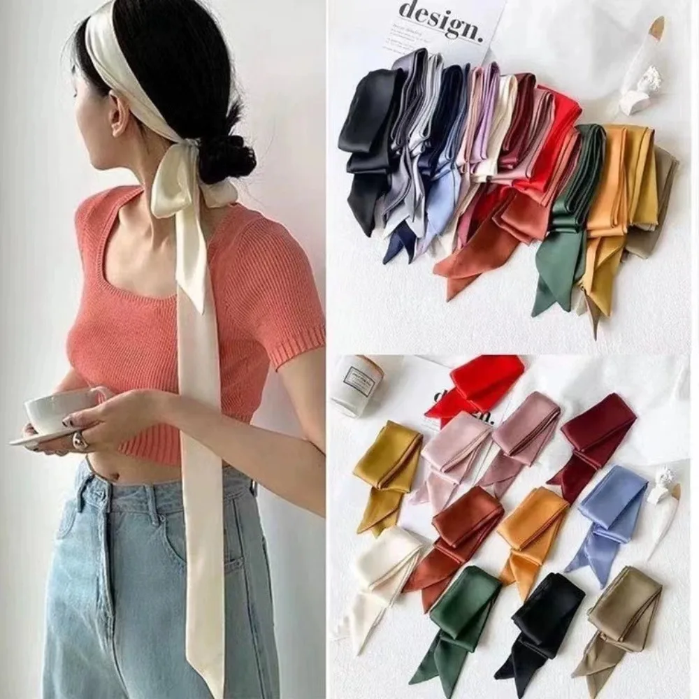 5x200cm Satin Silk Narrow Scarf Neckerchief Solid Neck Scarves Long Silk Thin Scarf Head Neck Hair Band Bag Ribbon Headbands DIY