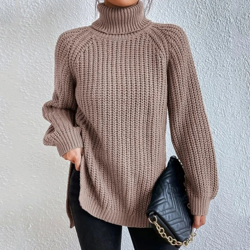 

Fashion Raglan Casual Warm Mid-length Sweater Long Sleeve Turtleneck Split Pullover 2023 Autumn/Winter Soft Knitwear Tops 29572