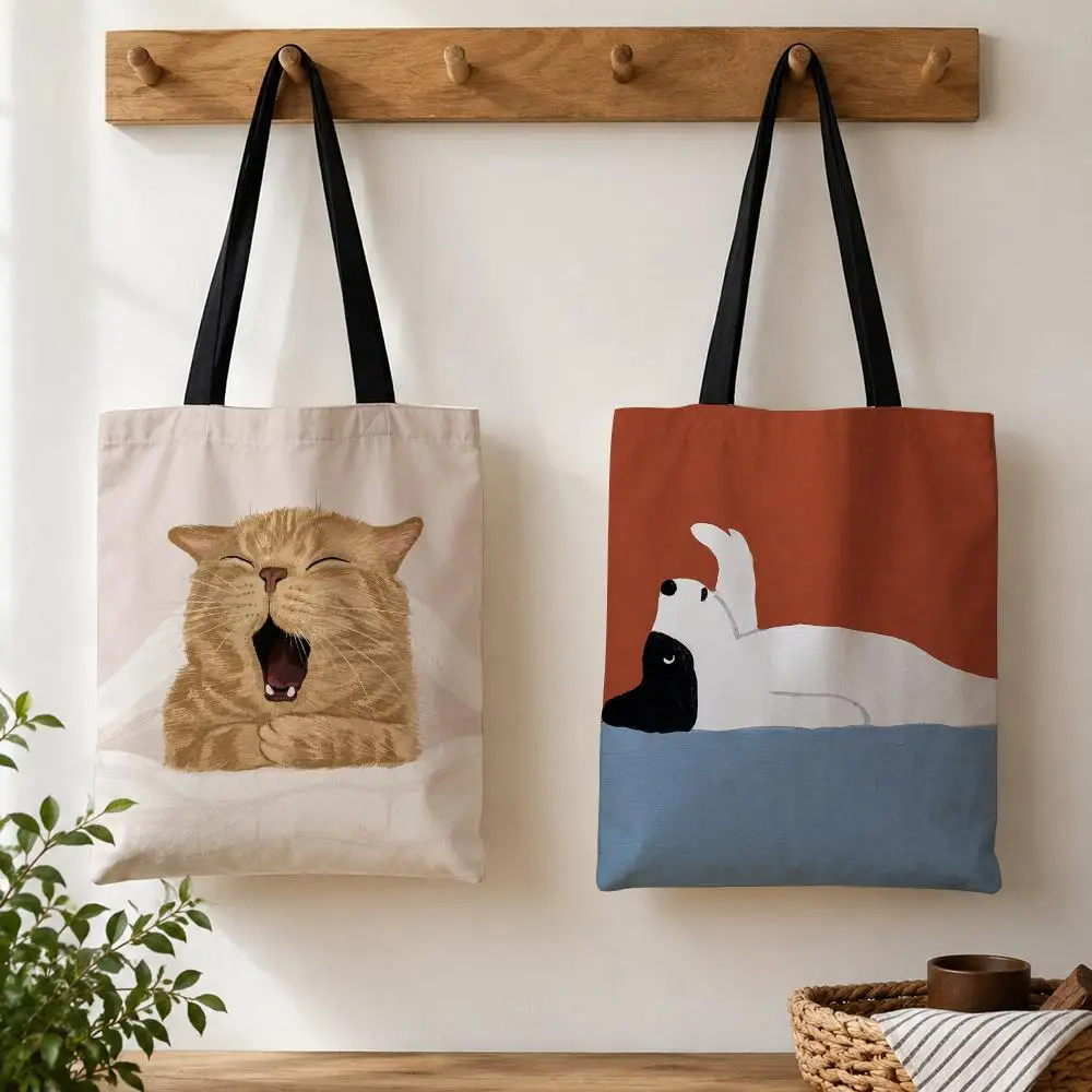Lazy Cat Art Design Storage Bags Large Capacity Canvas Tote Bag Double-Sided Print Shoulder Handbag for Daily Shopping