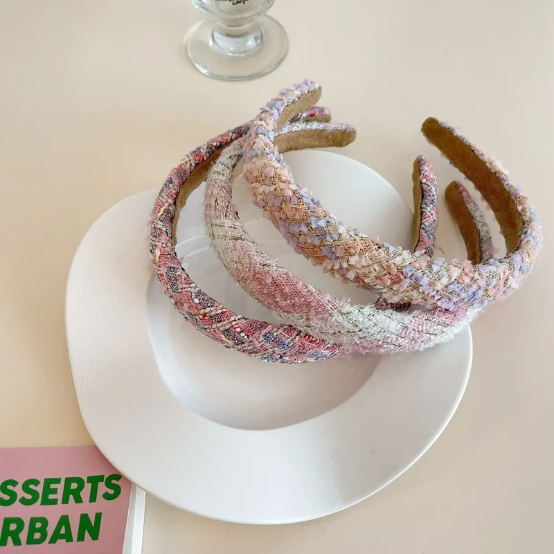 Romantic Pink Series Tweed Headbands French Style Women Hairbands Thin Sweet Hair Hoop Fashion Party Headwear Hair Accessories