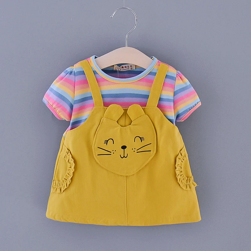 Children's New Girls' Short Sleeve Dress Children's Colorful Stripe Splice Cartoon Splice Fake Two Lovely Summer Skirts