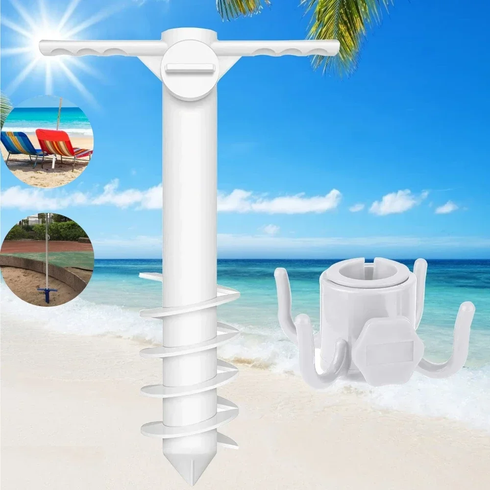5 Spin Summer Beach Umbrella Stand with Hook Inserts Spiral Ground Anchor Plug Equipment - Umbrella Base for Outdoor Shade