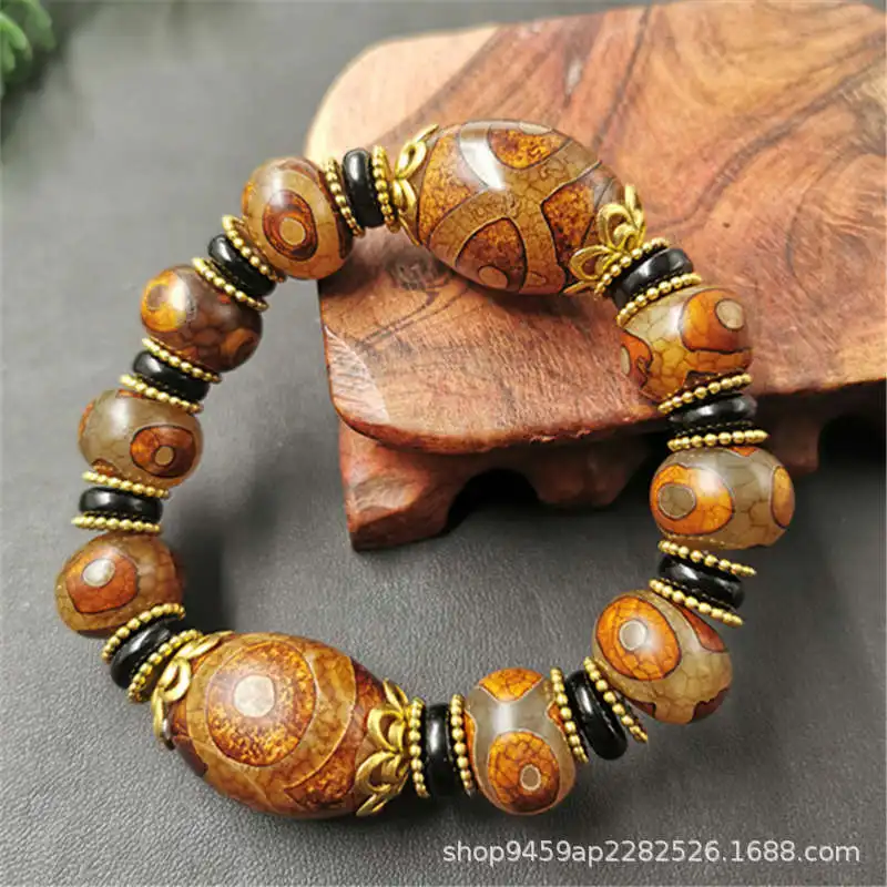 - Dzi Men And Women, Chalcedony Agate One-Line Three-Eyed , Buddhist Bead Bracelet
