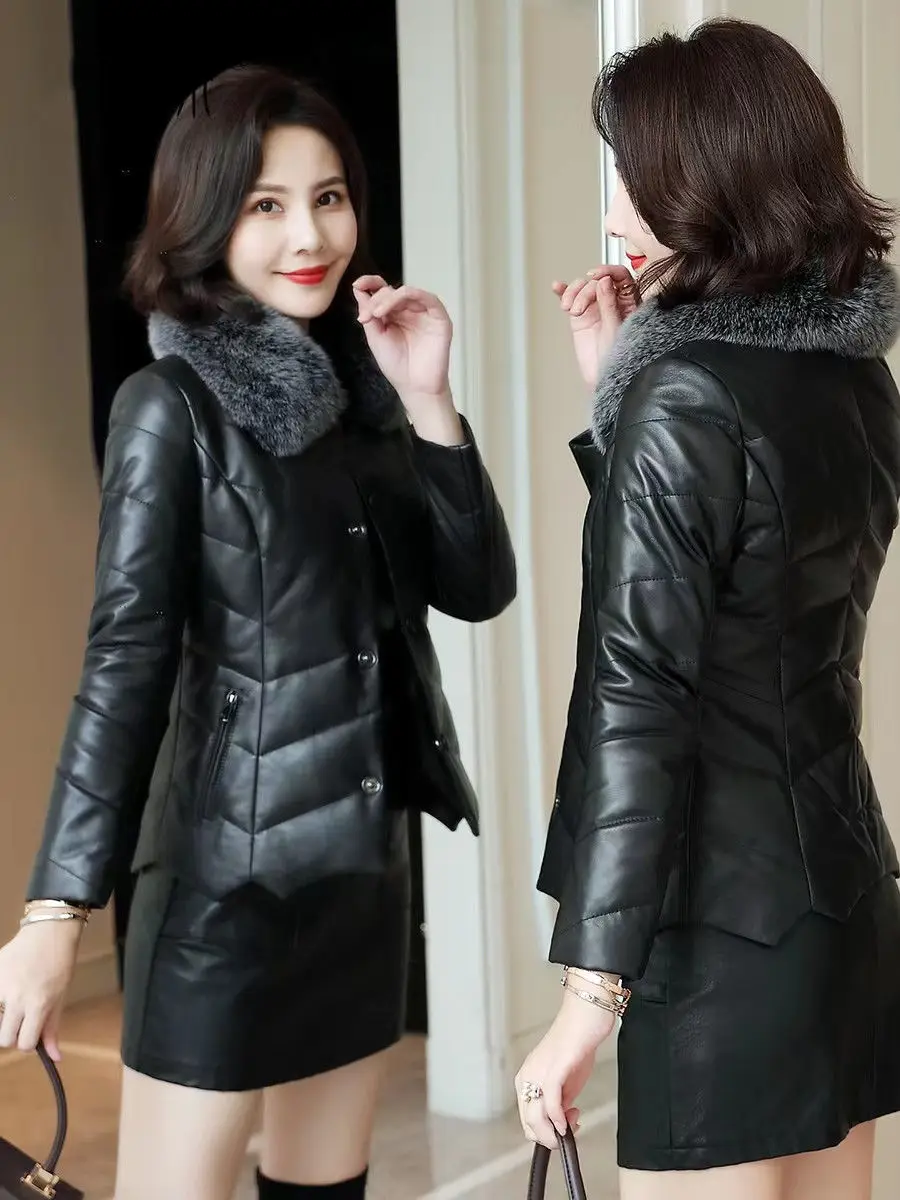 Winter warm dicke pu Leder Pelz mäntel Frauen kurze Parkas Mode schwarze Baumwolle gepolsterte Dame Daunen jacke elegante Kleider jacke