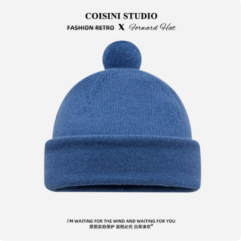 Korean Ins Wool Solid Color Pullover Knitted Hat Winter Outdoor Thickening Warm Ear Protection Ski Skull Beanie Caps for Women