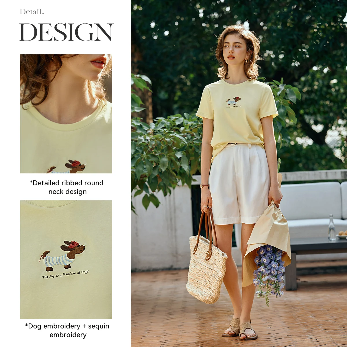 OLrain Summer New Women Yellow Round‑neck Short‑sleeve T‑shirt Sequins Beaded Embroidery Casual Fashion Tees Tops O57XT96806
