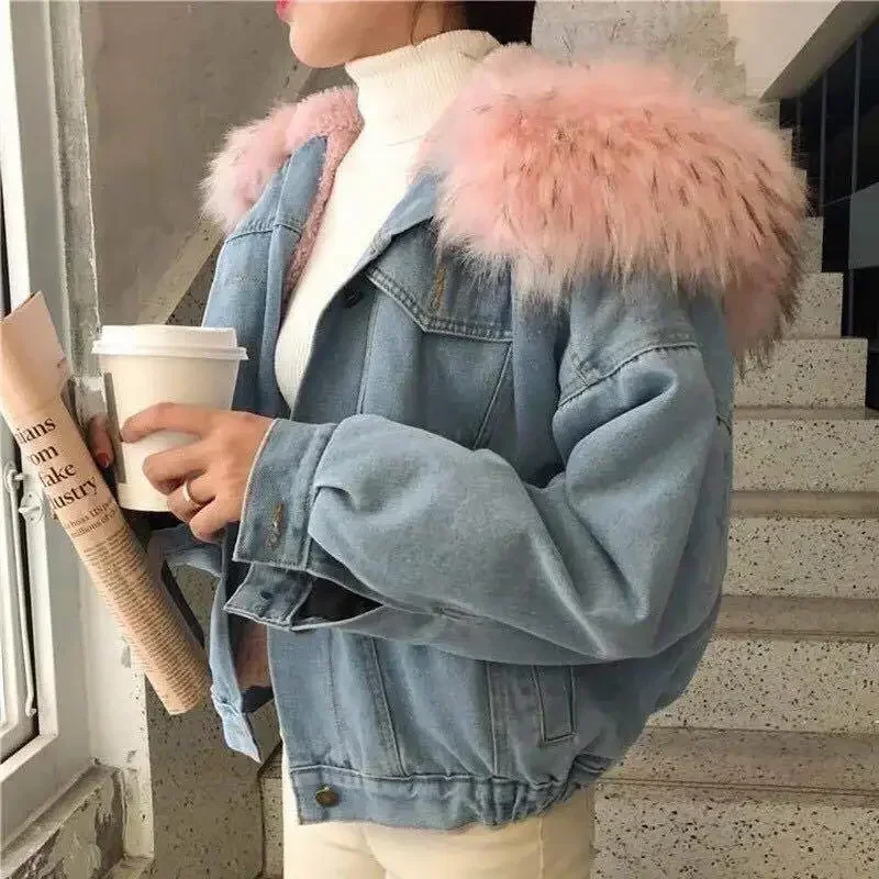 

Hooded Denim Coats Jacket Pockets Single Breasted Fur Collar Jacket 2025 AutumnWinter Outerwear Thick Warm Women Casual Overcoat