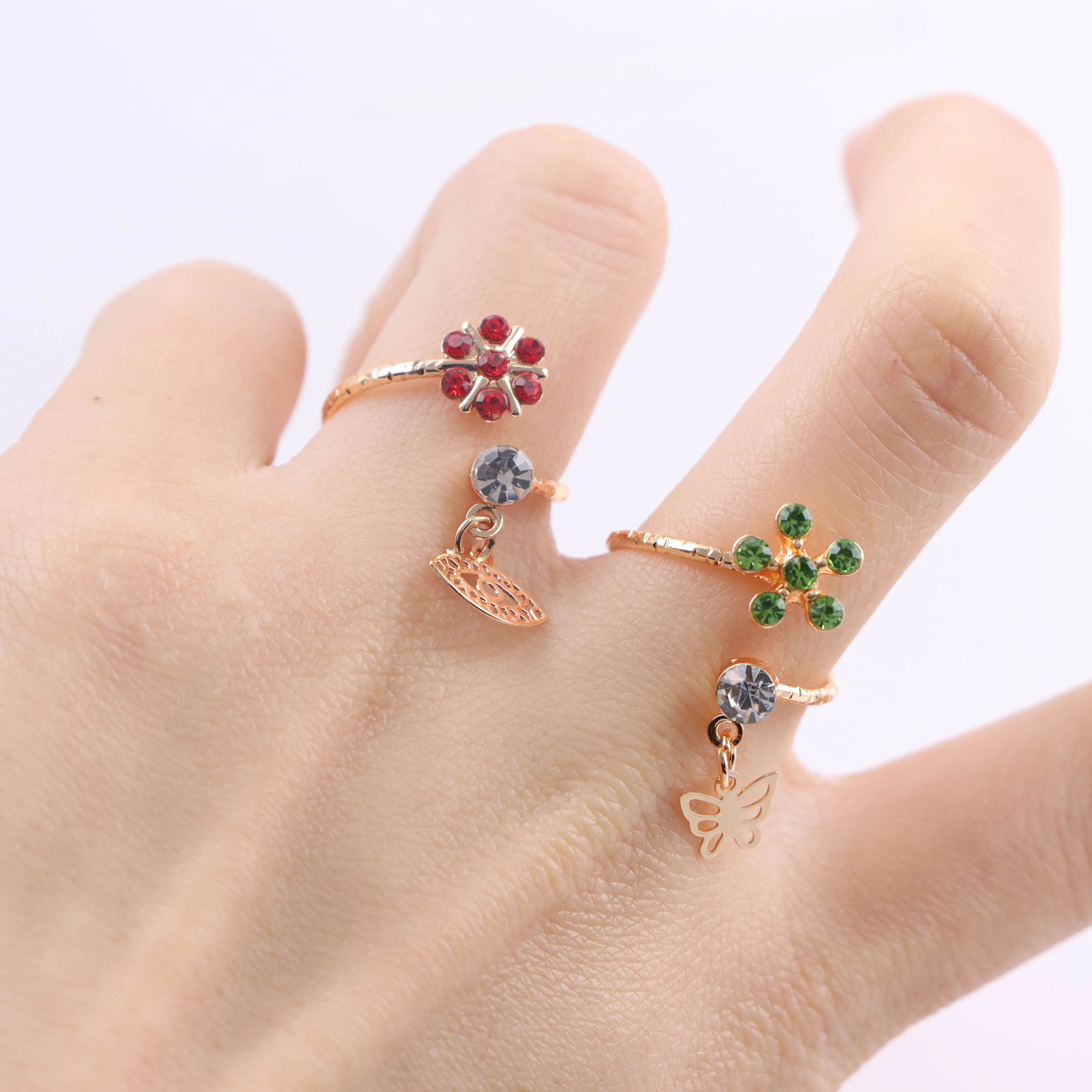 10Pcs/Lot New Korean Fashion Flower Rhinestone Adjustable Rings For Women Girl Sweet Finger Jewelry Mixed Style Accessories Gift