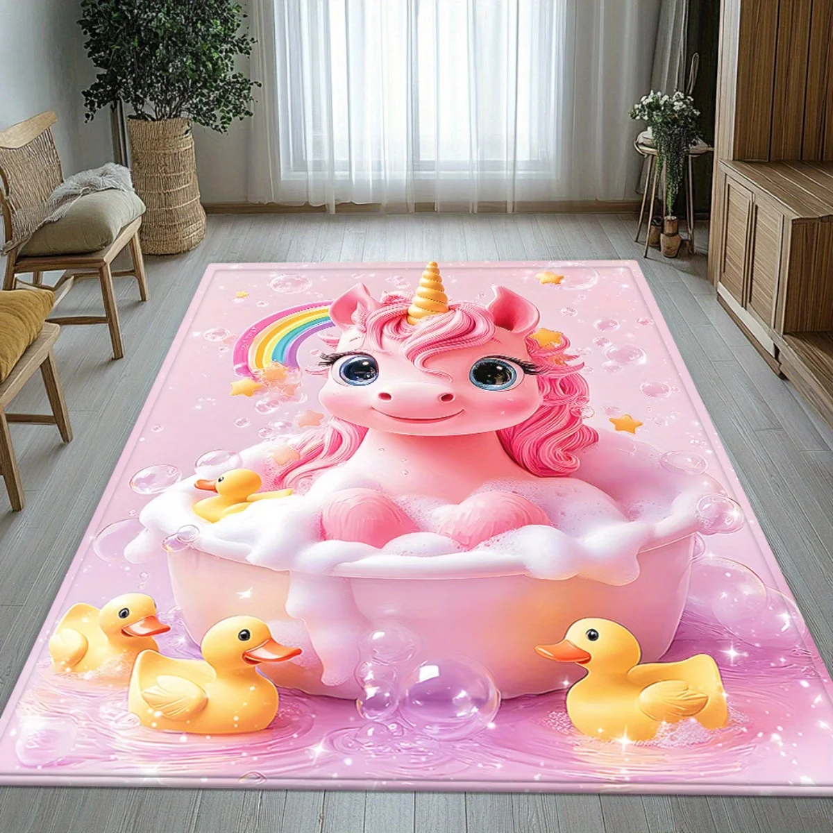 Cute Unicorn Doormat, Pink Bathtub Entrance Rug, Rubber Duck Floor Mat, Non-slip Kids Room Carpet, Girls Bedroom Decor