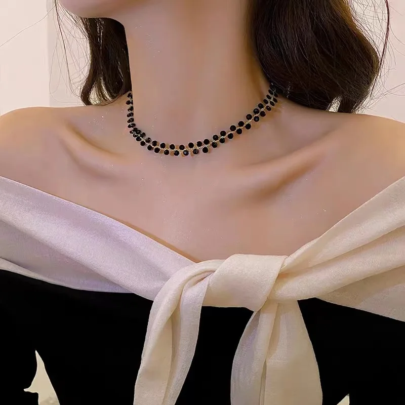 Collier de perles de cristal noir rétro pour femmes, tour de cou exquis pour fille sexy, accessoires de robe de soirée, nouveauté