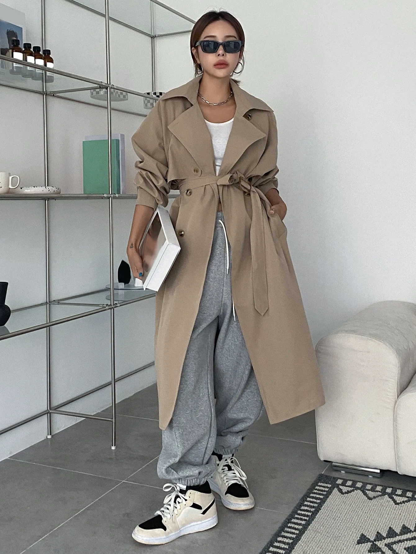 

Бежевый двубортный длинный тренч для женщин, повседневная осенняя верхняя одежда