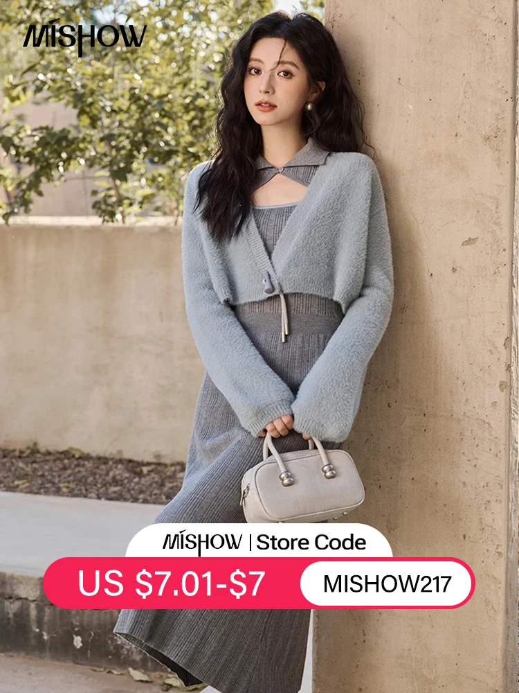 MISHOW Women’s Sweater Top Dress Separately 2024 Fall Winter Fashion Imitation Mink Fur Sweet Coat Knitted Dress MXD45L2043