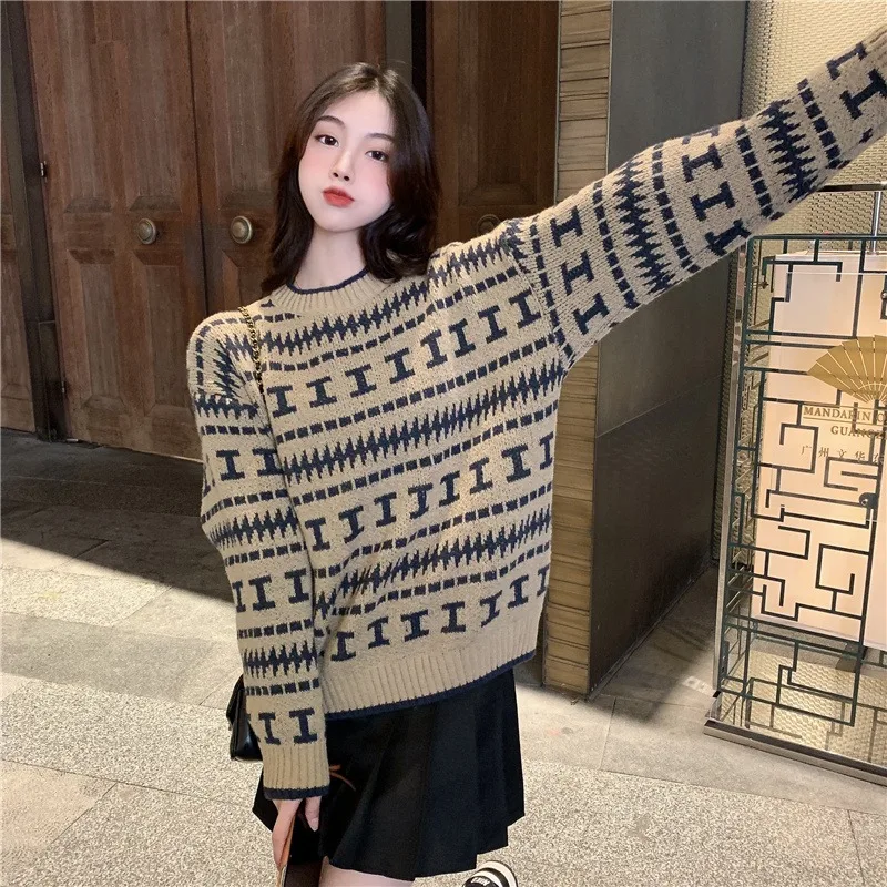 Brown Vintage Striped Pullovers Women Knitwear Autumn Winter BF Loose Stylish All-match Slouchy Casual Outwears Harajuku Thermal