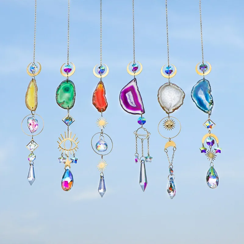 6pcs New Natural Stone Crystal Wind Chime Crushed Stone Sun Catcher Colorful Agate Raw Stone Indoor Garden Pendant