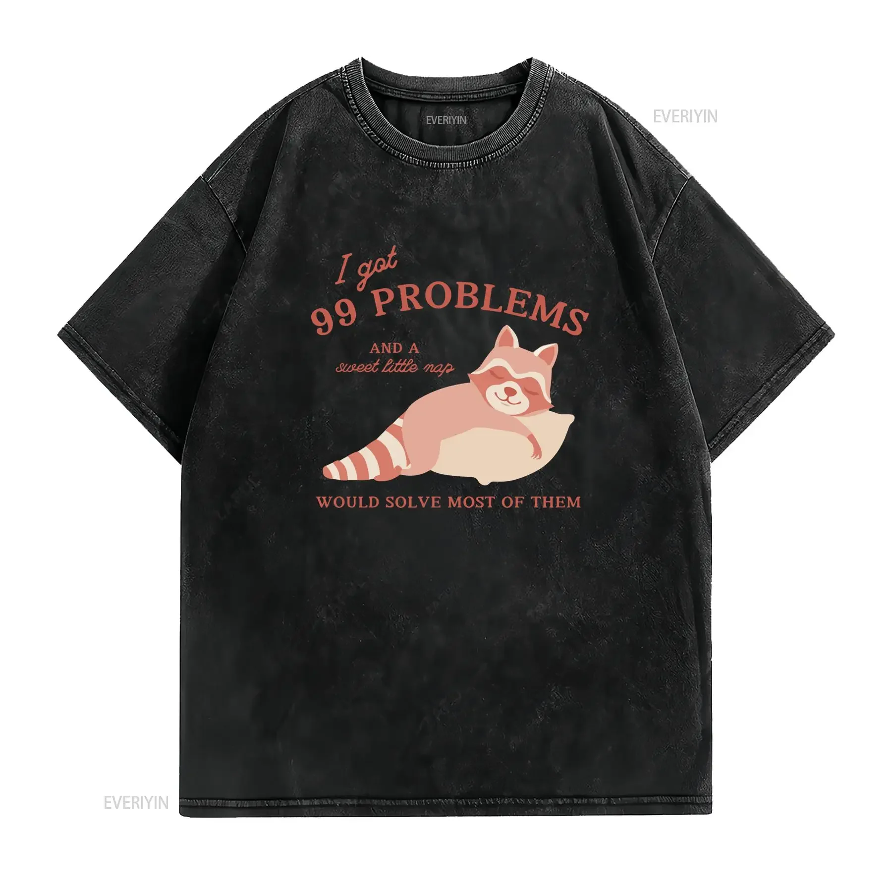 Funny Cute Sleeping Raccoon 99 Problems Nap Slogan Print Casual T Shirt vintage Washed Versatile Soft homme streetwear