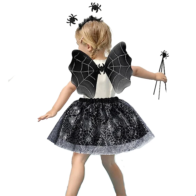 Girls Purple Bat Fancy Dress Up Spider Web Witch Child Spider Set Halloween Costume