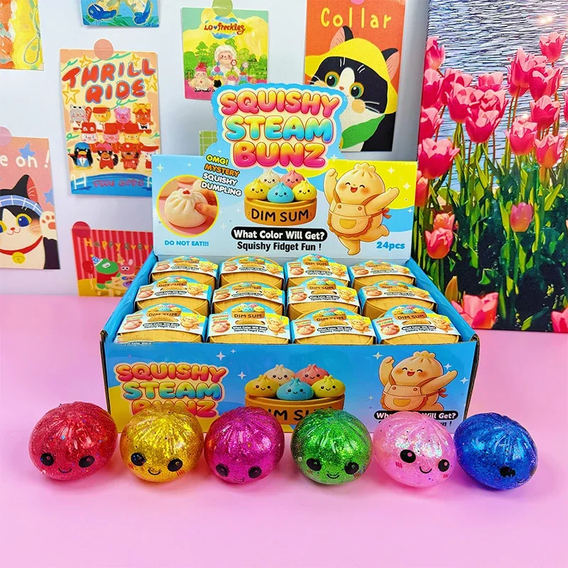 Cute Face Glitter Filled Mini Smiley Steamed Bun Squishy Shiny Gold Powder Dumpling Squeeze Dim Sum Stress Relief Bun For Adults