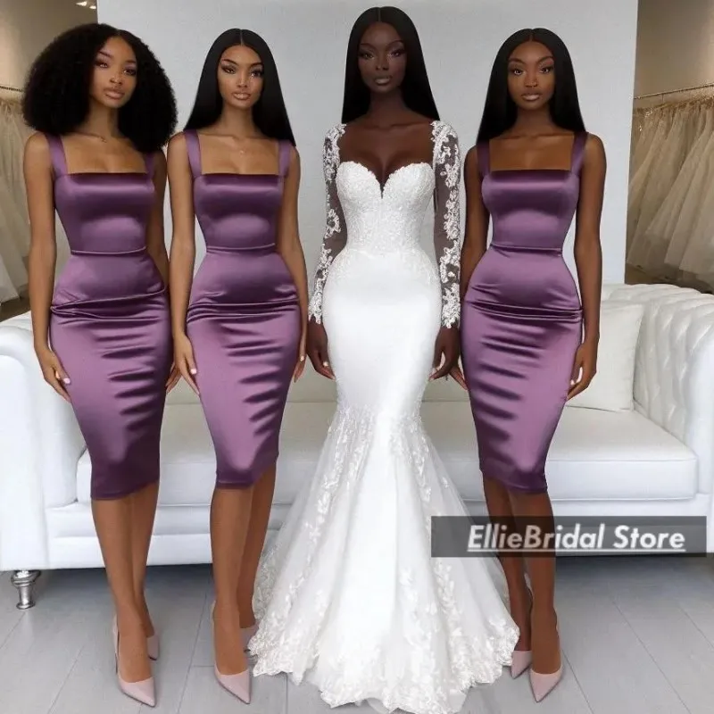 

Simple Purple Bridesmaids Dresses For Wedding Straps Satin Cheap Maid Of Honor Gowns robe de mariage femme Customized