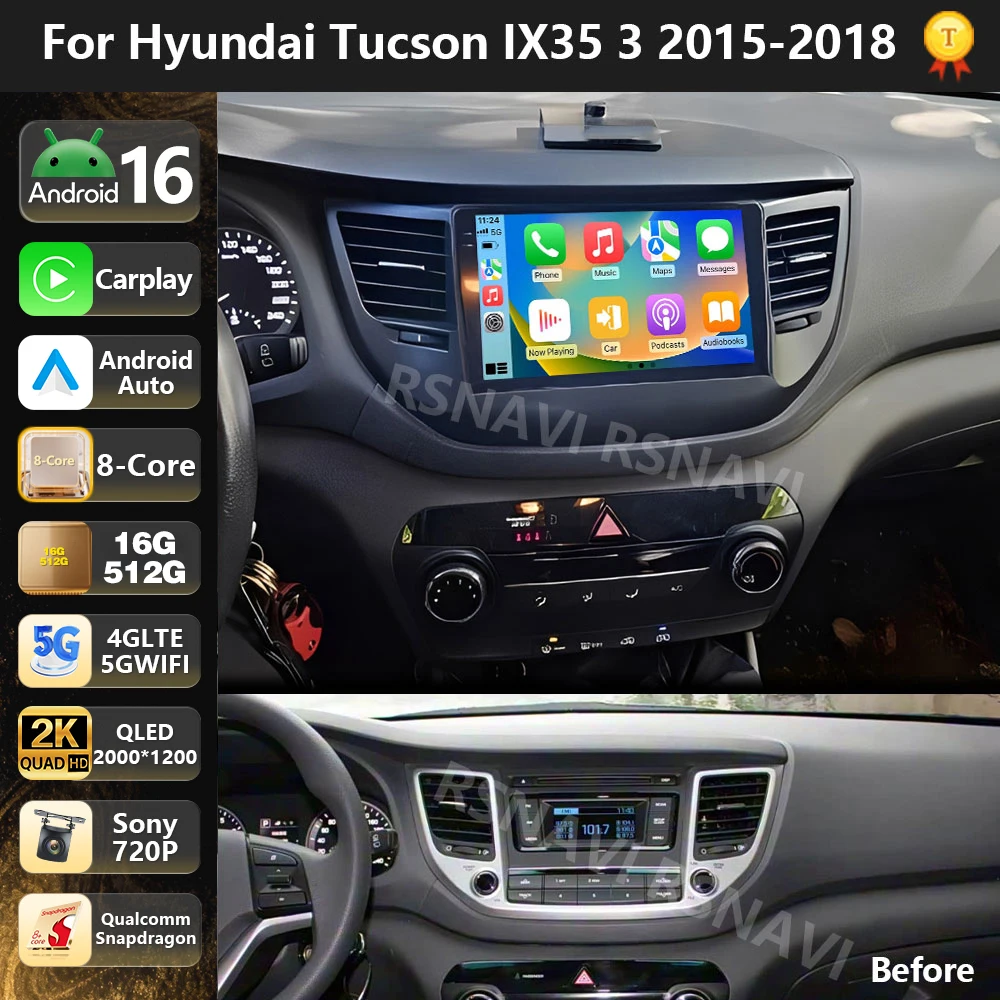 Qualcomm Android 16 Car Radio Multimedia Player For Hyundai Tucson IX35 3 2015 2016 - 2018 Wireless Carplay Auto BT wifi+4G DSP