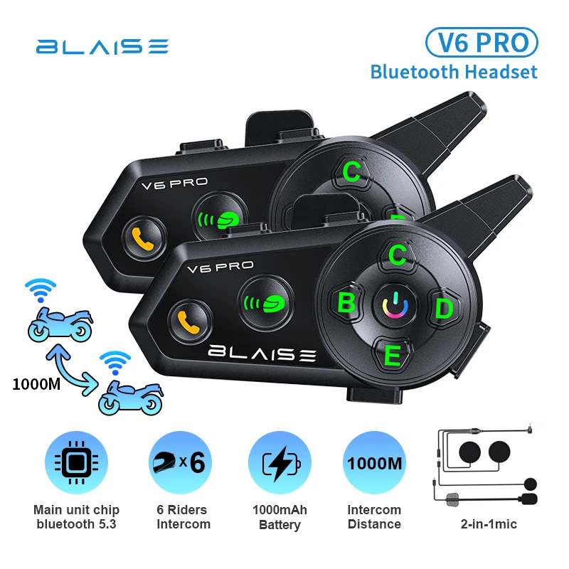 BLAISE V6 프로 블루투스 오토바이 헬멧 헤드셋 – BT 5.0 무선 통신, 음악 공유, 6명 연결 가능한 인터폰