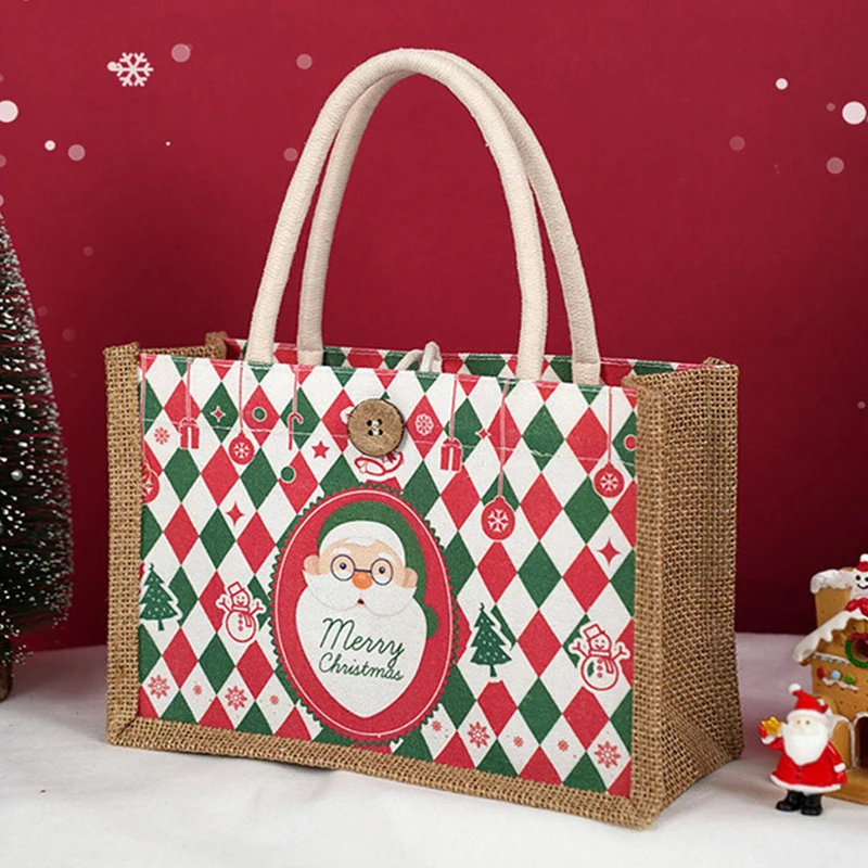 Christmas Tote Bag Santa Claus Prints Large Capacity Jute Handbag Female Eco-Friendly Shopping Christmas Gift Handbag