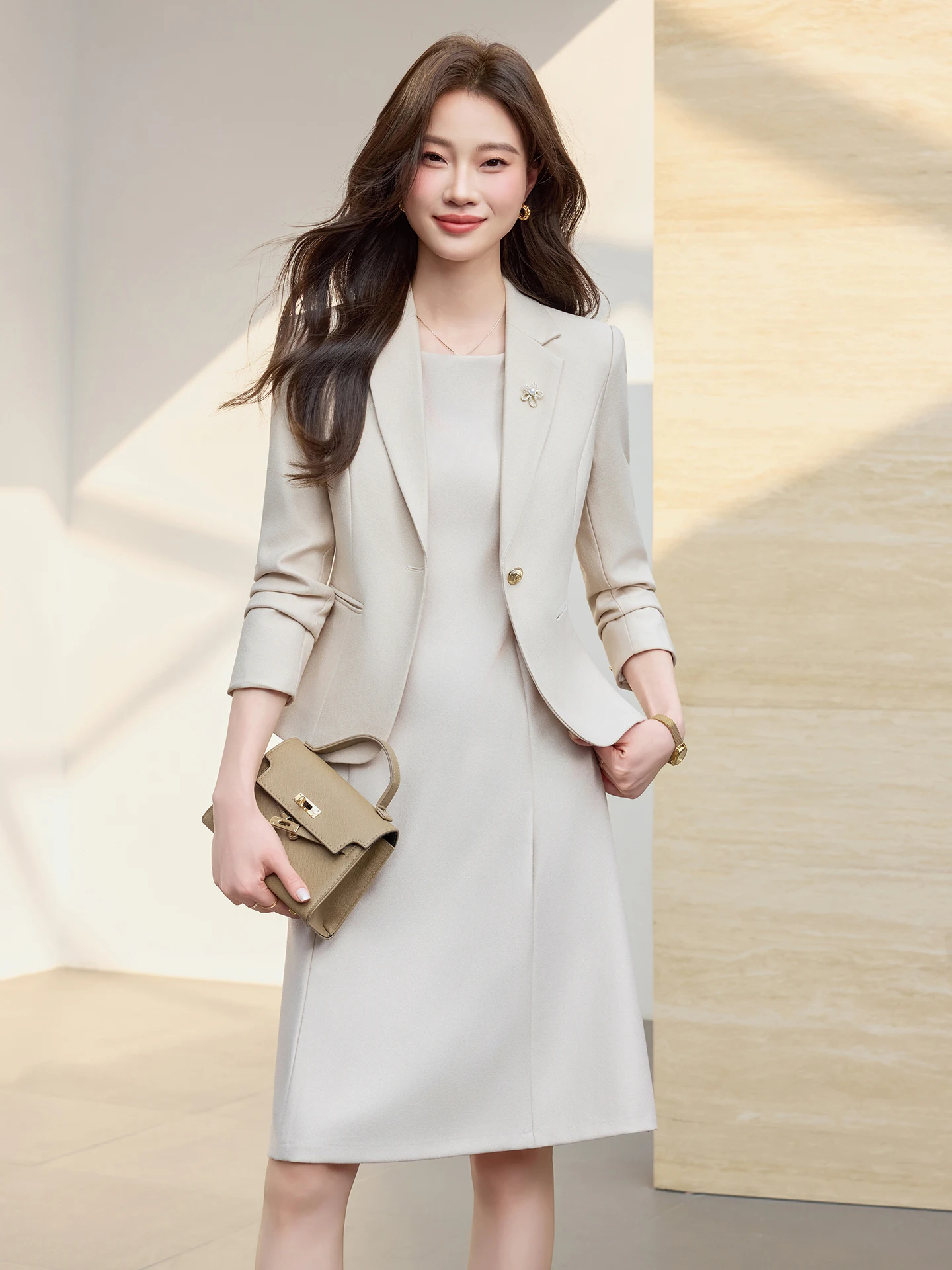 

Костюм-двойка Ele Suit Dr Set: Женская модная утягивающая верхняя одежда для салонов красоты, повседневная, с длинным рукавом и круглым низом