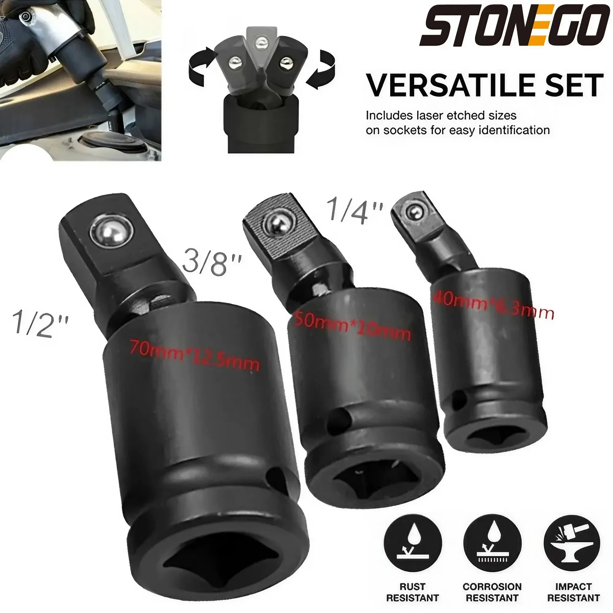 STONEGO Impact Universal Joint Set 1/4inch 3/8inch 1/2inch Drive Chrome Moly U Joint Sockets Access Hard To Reach Fasteners