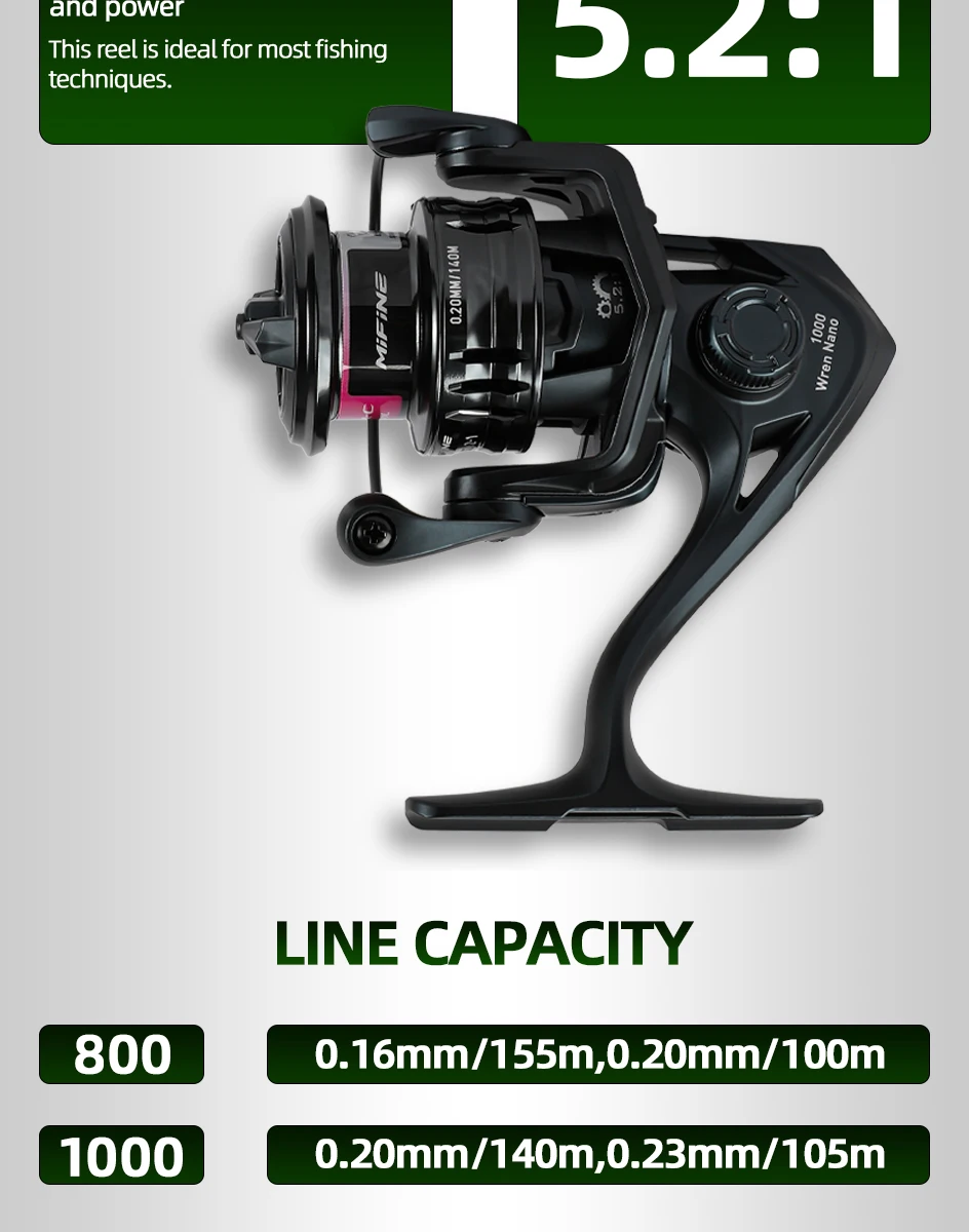 Mifine WREN NANO ULTRALIGHT SPINNING REEL Größe 800/1000 Hochgeschwindigkeits-Übersetzungsverhältnis 5,2:1 Max Bremskraft 4KG 5+1BB Angelrolle Forelle Barsch – Detail 5