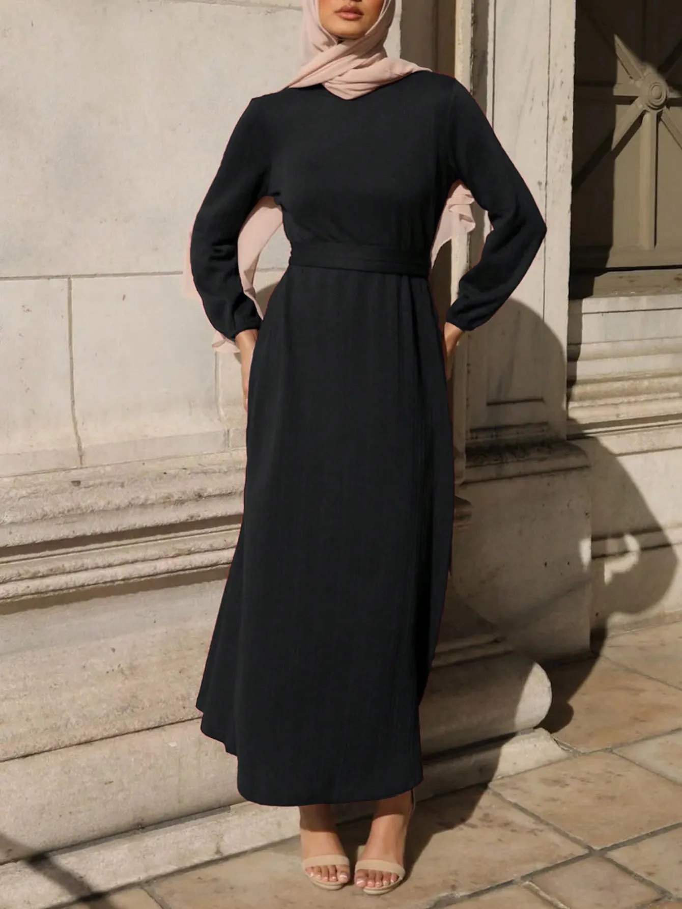 New Women Black Ribbed Knit Abaya Maxi Dress Crew Neck Balloon Long Sleeve Self Tie Waist Loose Stretch Muslim Modest Long Dress
