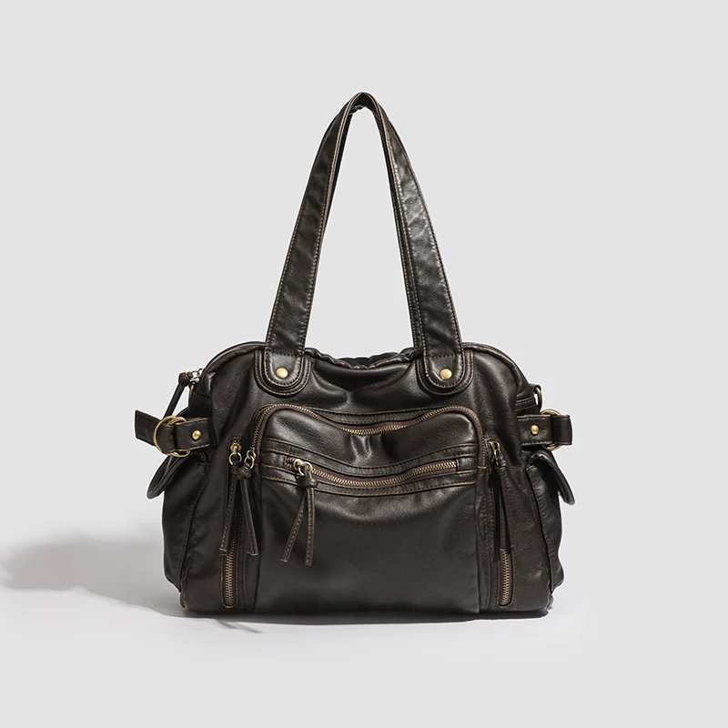 Retro Washed Soft Leather Large Capacity Underarm Tote Bag Casual Versatile Single Shoulder Slant Cross Bag American Vintage ...