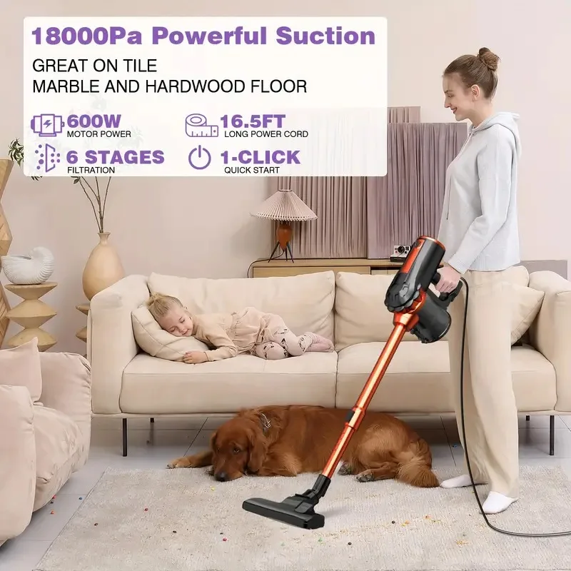 600W Corded Handheld Vacuum Cleaner 18KPa Suction Low Noise 48dB 4-in-1 Lightweight Stick Design Portable for Household Use