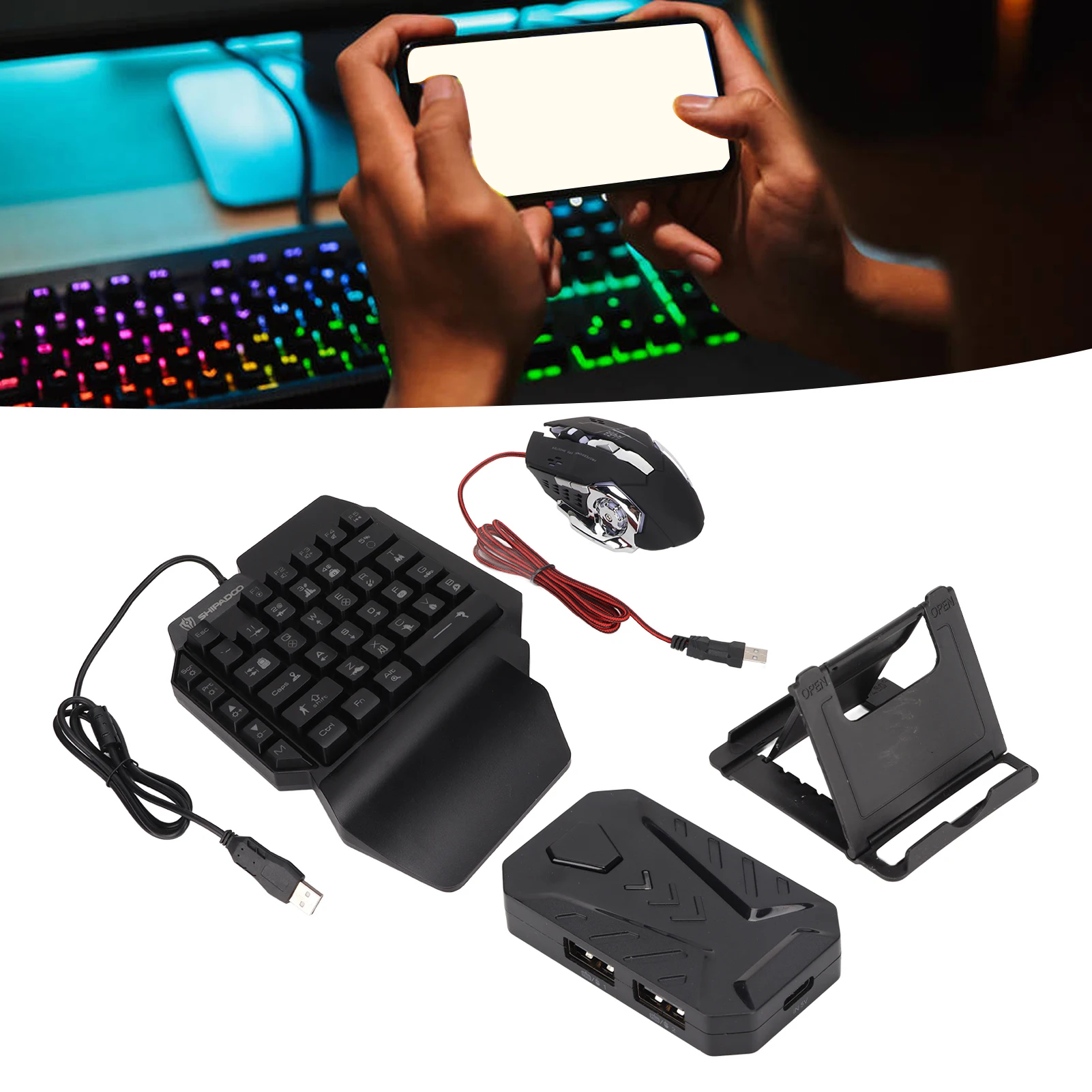 RGB Keyboard and Mouse Converter 39 Keys + 6 Buttons Mobile Game Keyboard Mouse Adapter Wired for Android for win2000 for winXP