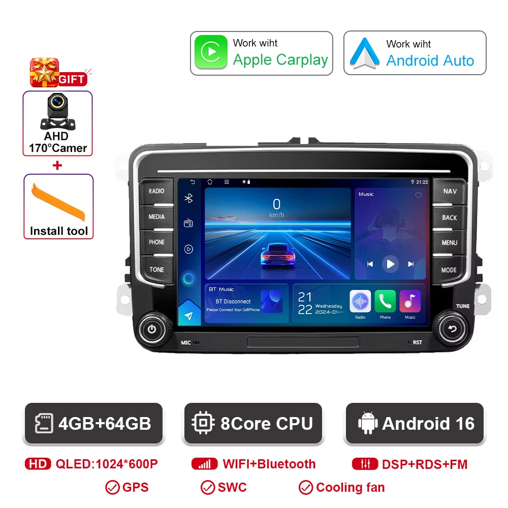 Auto radio voor VW Skoda Golf Touran Passat B6 B7 Polo Android Auto Multimedia Videospeler GPS Carplay BT QLED Scherm Stereo WIFI