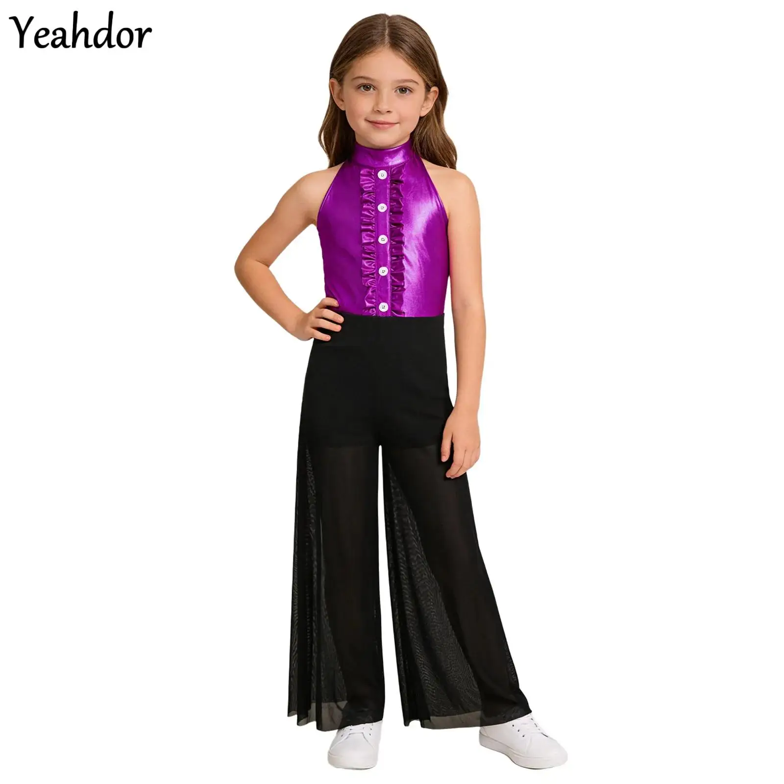 

Kids Girls Jazz Dance Costume Ballet Lyrical Jumpsuit Mock Neck Sleeveless Zipper Ruffles Metallic Bodice Mesh Wide-Leg Bodysuit