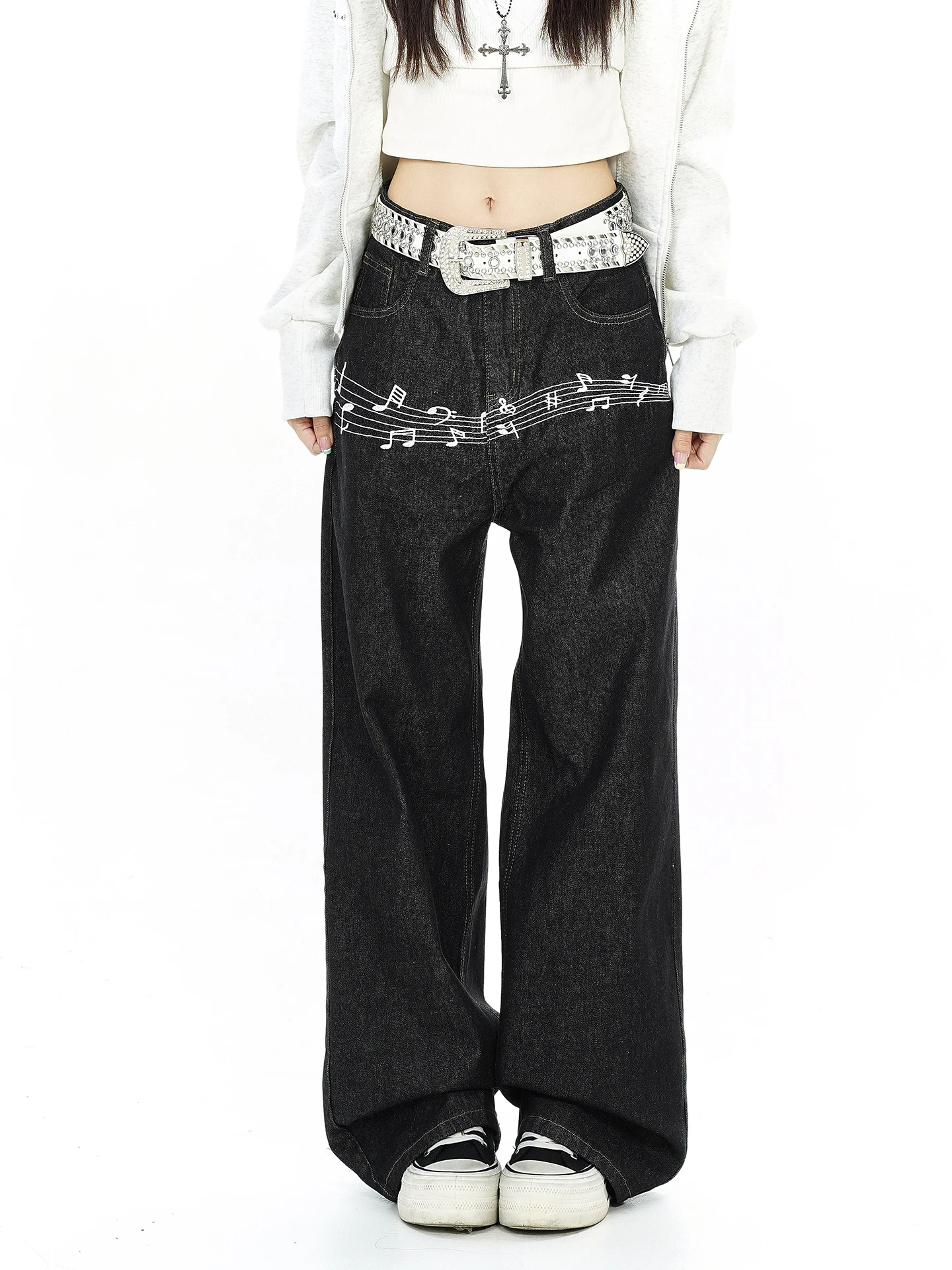 Women's Embroidered Original Denim Pants Autumn New Street Style Vintage Straight Leg Long Trousers Trendy Loose Fit Jeans