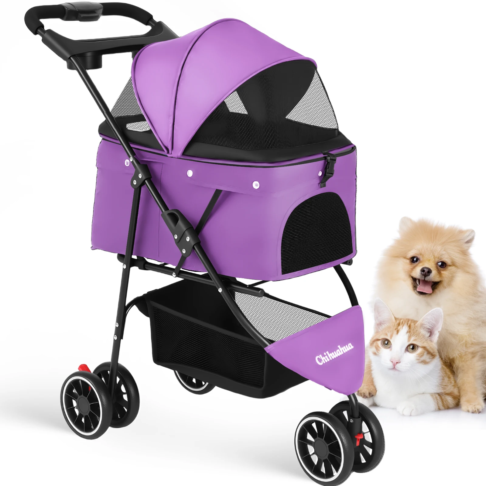 

Pet Stroller 3 Wheeled Puppy Stroller Swivel Design With Brakes Storage Space For Small & Medium-Sized Cats Dogs Travel Pet Supp