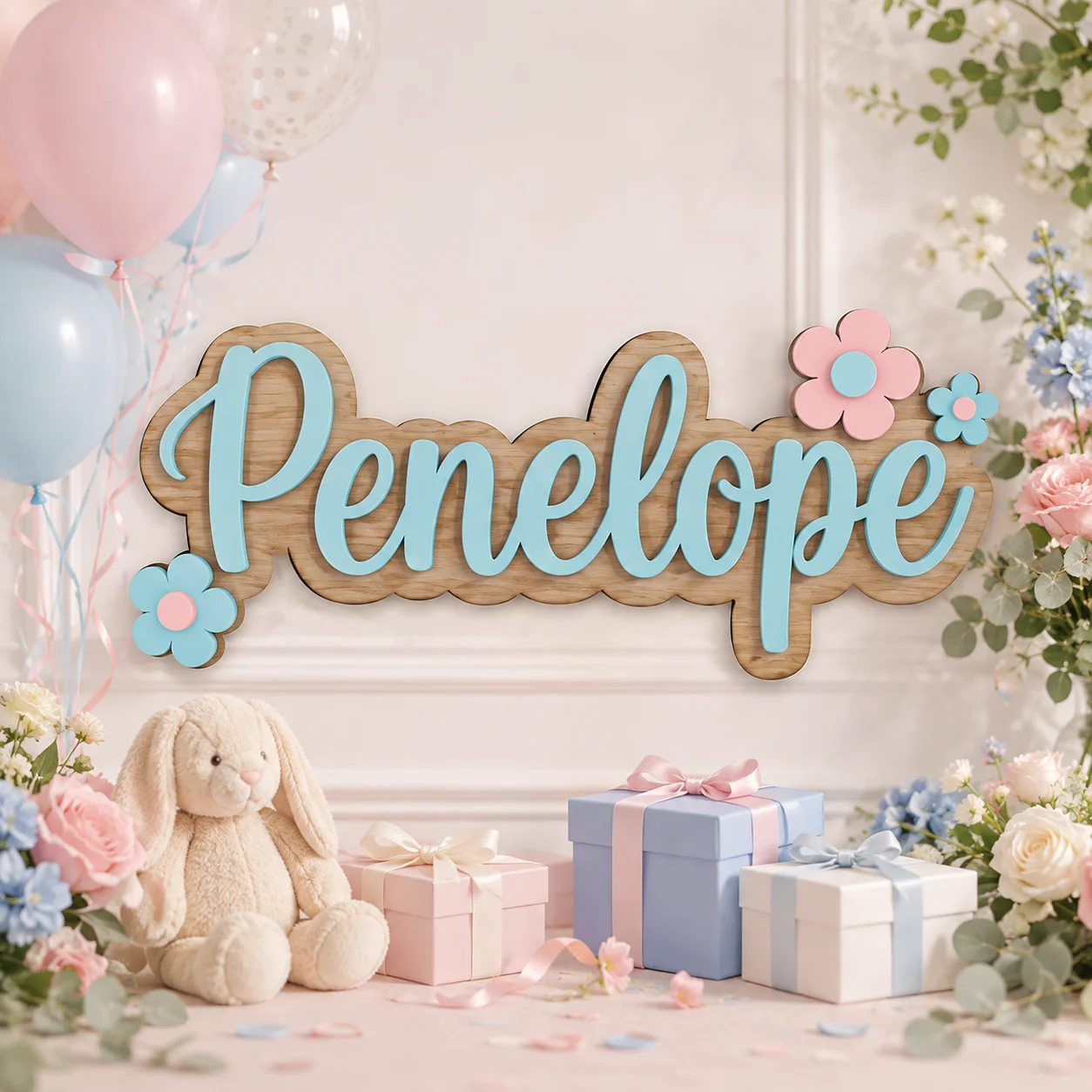 Custom Wooden Name Sign, Personalized Name Plaque Double Layer Door Decor for Kids Bedroom Nursery Wall Hanging Gift with Floral