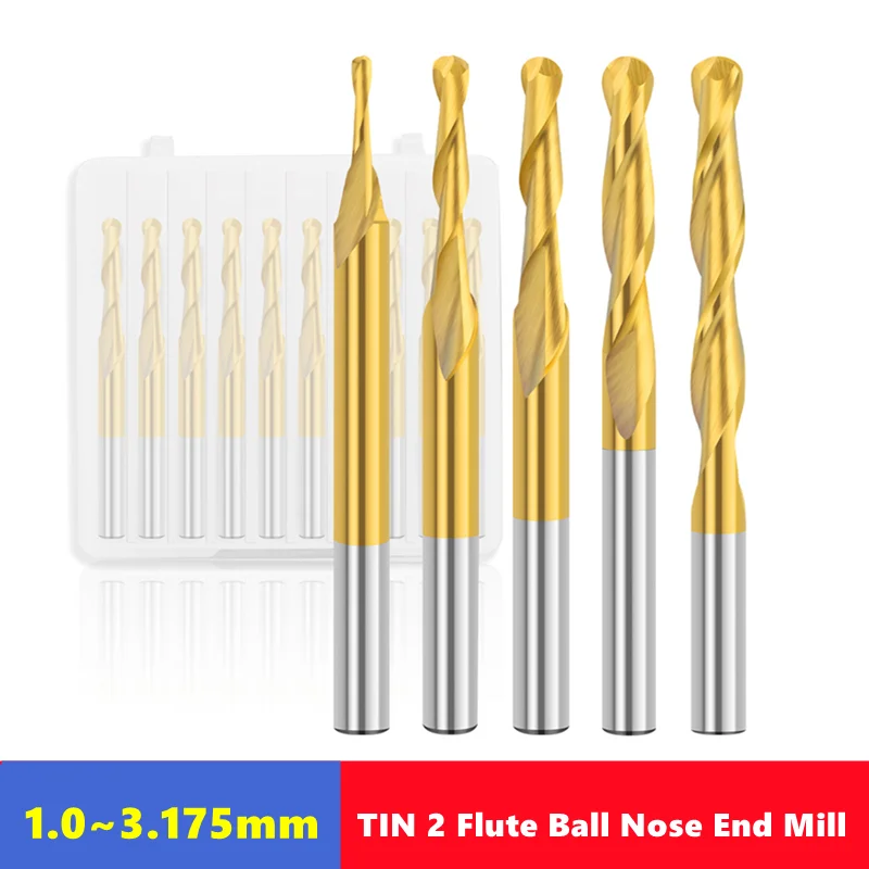 

10pcs Ball Nose End Mill 3.175mm（1/8） Shank TiN Coated CNC Router Bit 2 Flute Carbide Milling Cutter Woodworking Tool