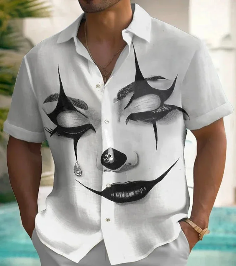 Men's Sketch Clown Face Printed Short Sleeve Shirt Men's Casual Cardigan Men's Summer Fashion Clothing Men's Breathable Cardigan