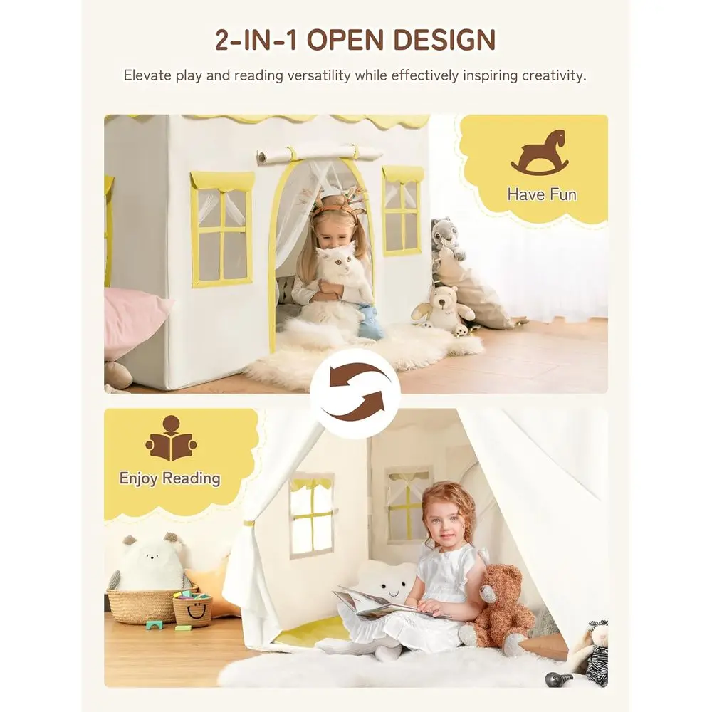 Tenda da gioco per bambini 2 in 1 con tappetino imbottito e luci, casetta da gioco per bambini grande con 2 ante e 4 finestre, per interni ed esterni, gialla