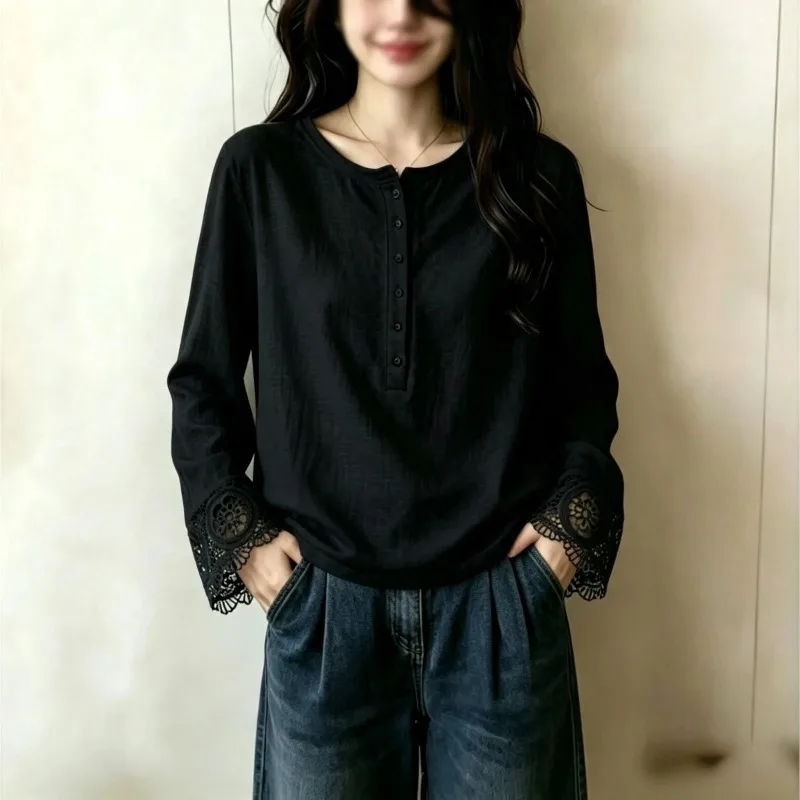 Womens Plus Size Cotton Long Sleeve Tshirt Autumn Korean Lace Cuff Loose Slim Hide Belly Inner Tops view 3