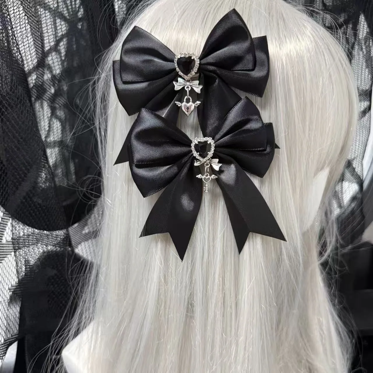 2Pcs Satin Big Bow Hair Clip Black ​​​​​​​Subculture-style Heart-shaped Angel Wing Sweet Cool Y2K Women Hair Accessories